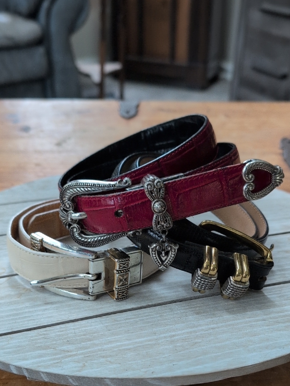 Brighton Burgundy, Black & Cream Leather Belt Trio